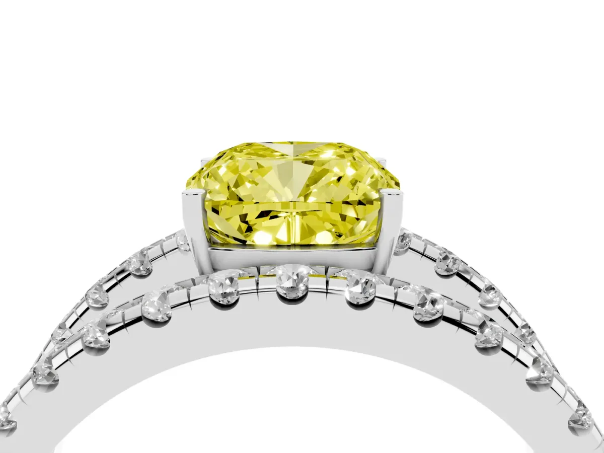 Fancy Yellow Cushion Cut Solitaire Split Shank Pave Diamond Ring Platinum