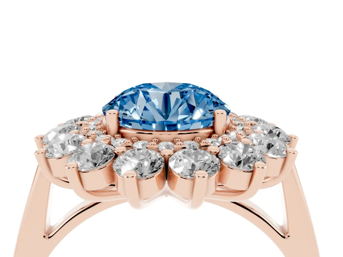 Fancy Blue Round Cut Diamond Floral Double Halo Engagement Ring with Prong Setting Rose gold