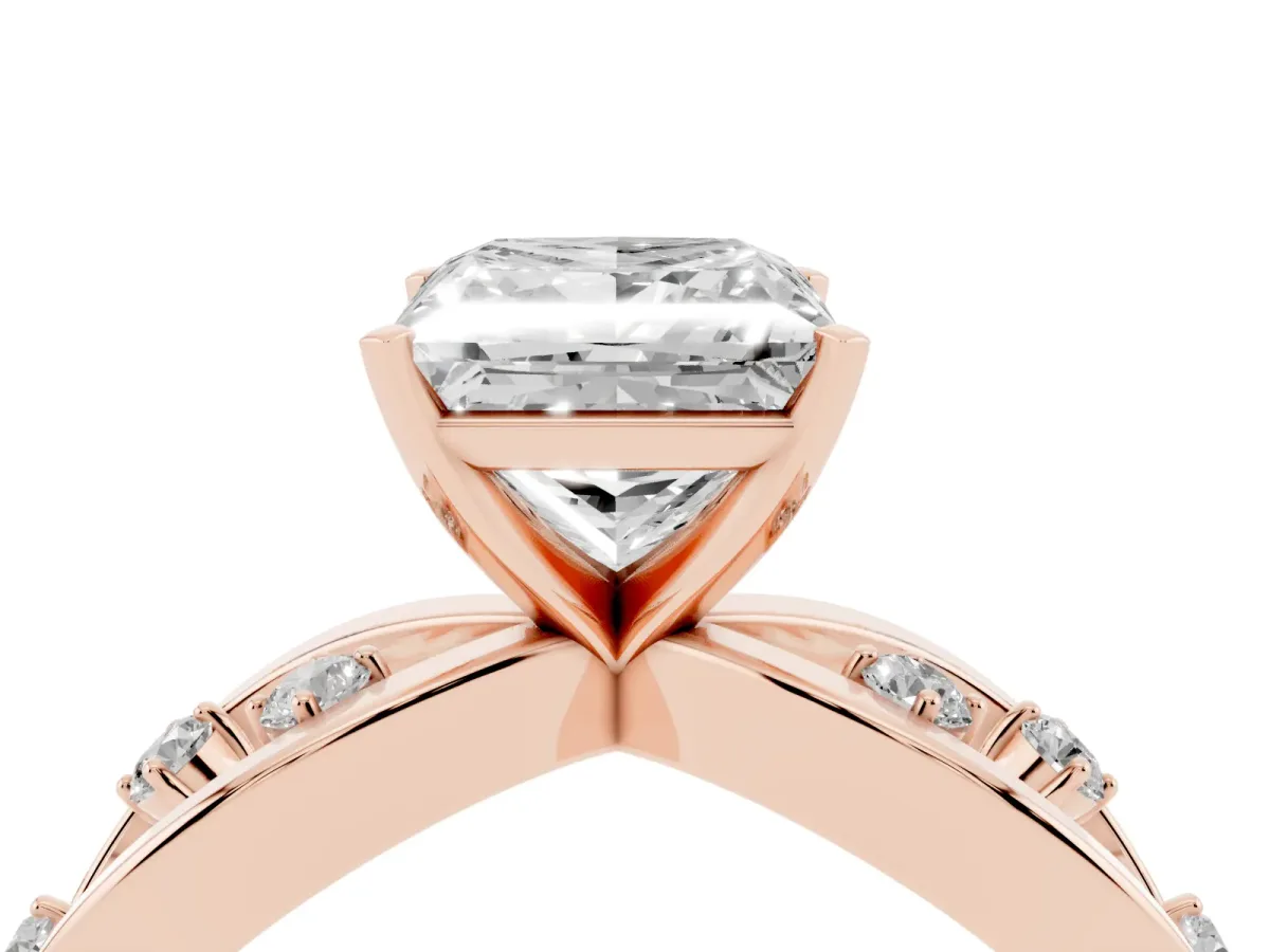 Princess Cut Cut Solitaire Diamond with Side Stones on Criss-Cross Band and Four-Prong Setting Rose gold