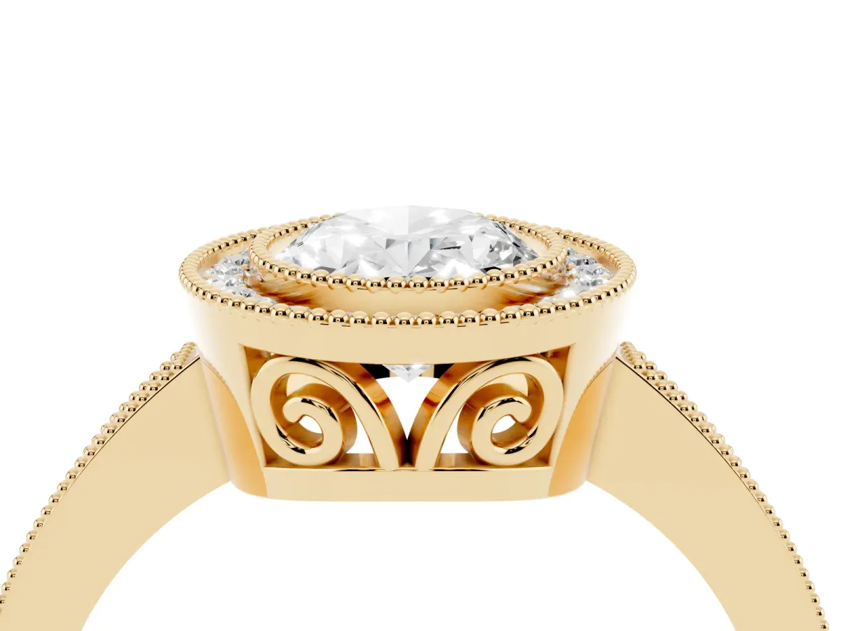 Oval Cut Cut Halo Diamond Ring with Pavé Band and Milgrain Prong Setting Yellow gold