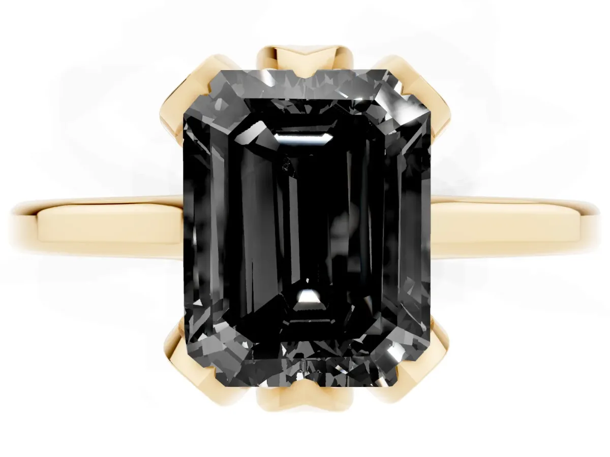 Fancy Black Emerald Cut Diamond Solitaire Ring with Flower Prong Setting and Classic Band Yellow gold