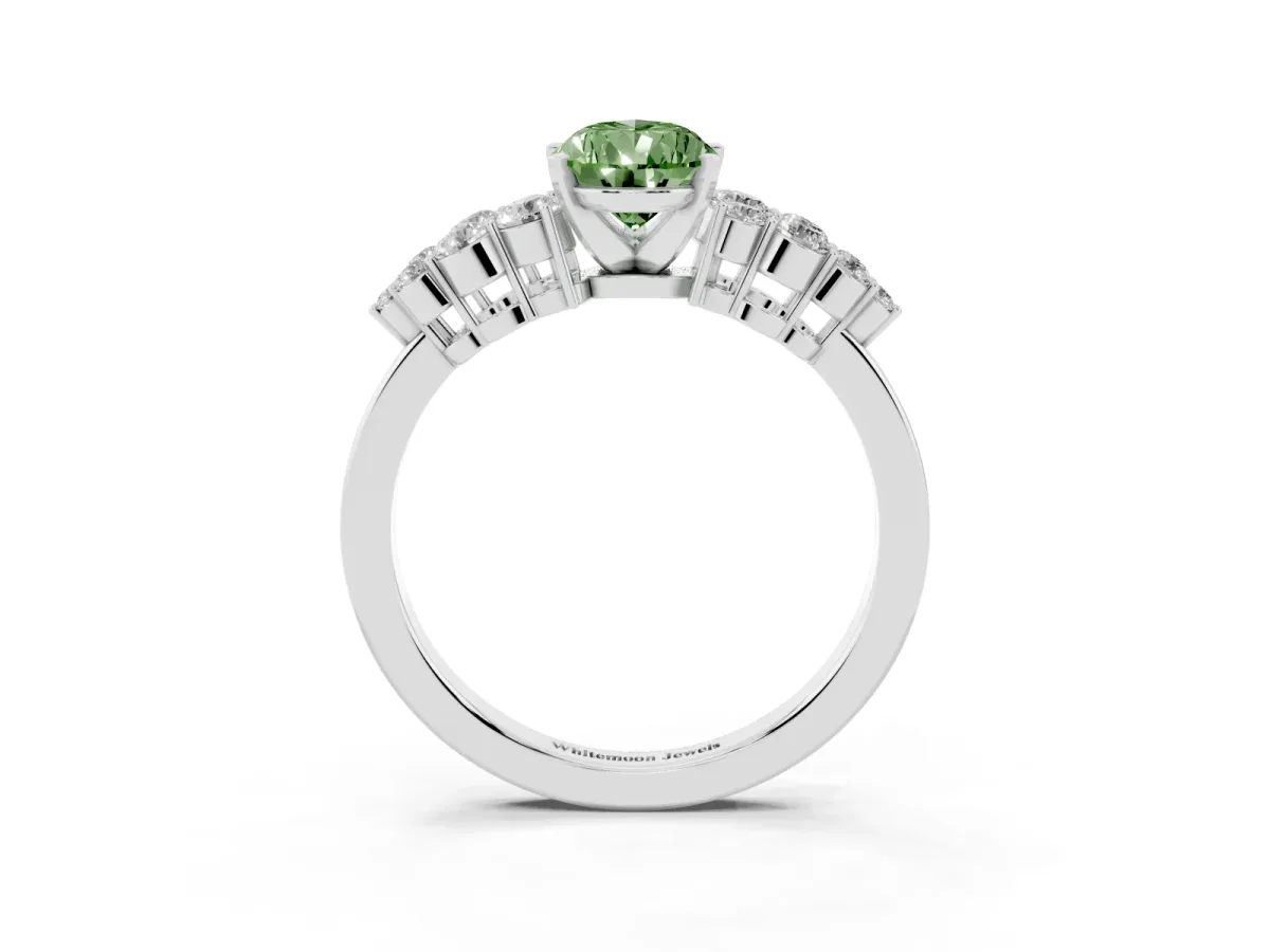 Fancy Green Pear Cut Cluster Diamond Engagement Ring with Pavé Band and Four-Prong Setting White gold
