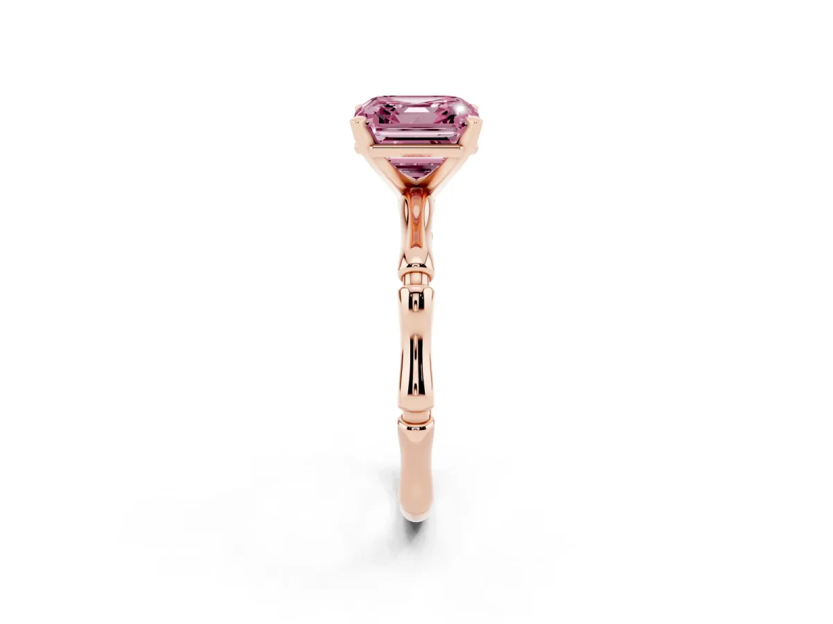 Fancy Pink Asscher Cut Solitaire Diamond Ring with Bamboo Band and Four-Prong Setting Rose gold