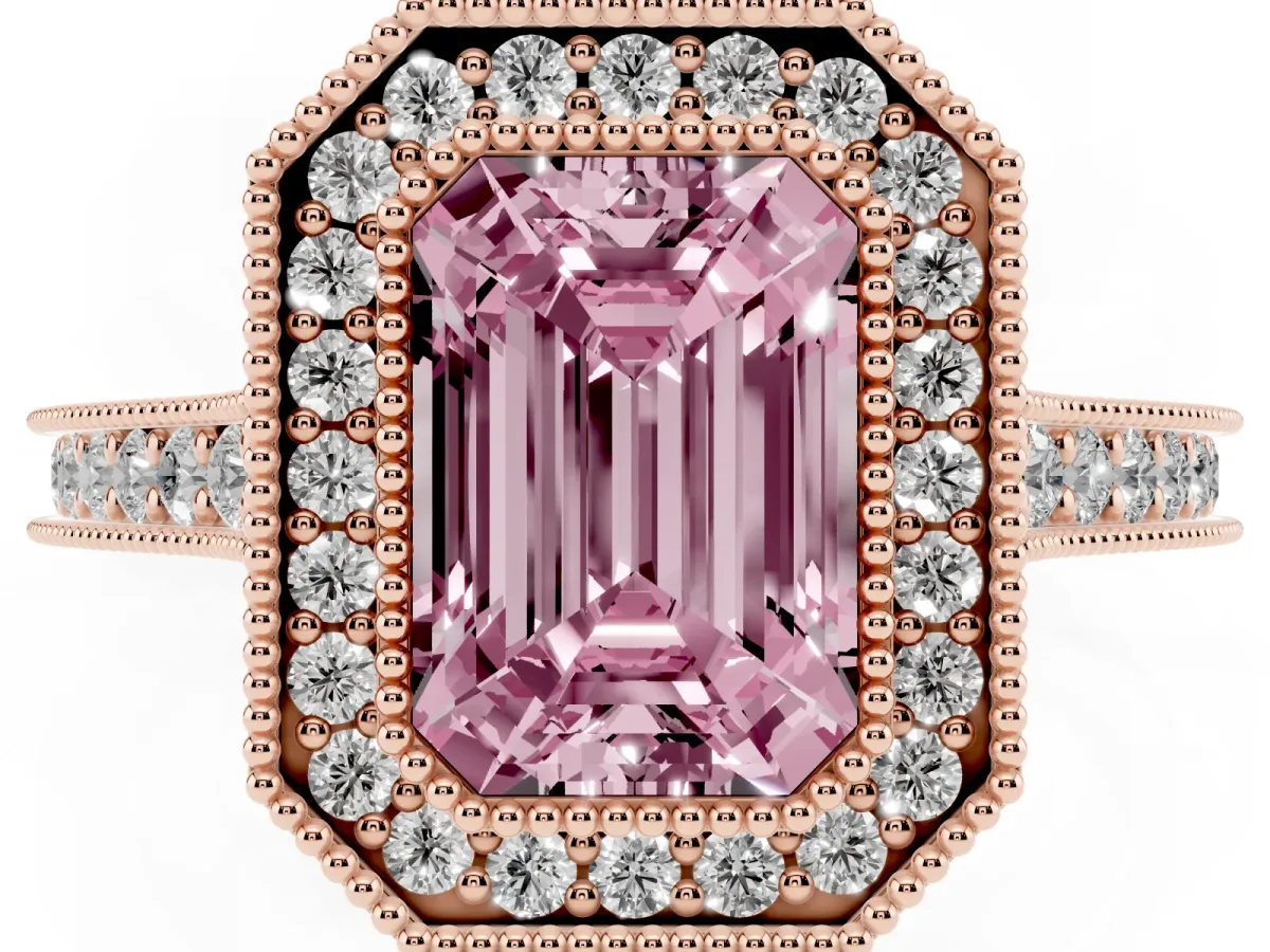 Fancy Pink Halo Emerald Cut-Cut Diamond Pave Band Milgrain Prong Setting Ring Rose gold