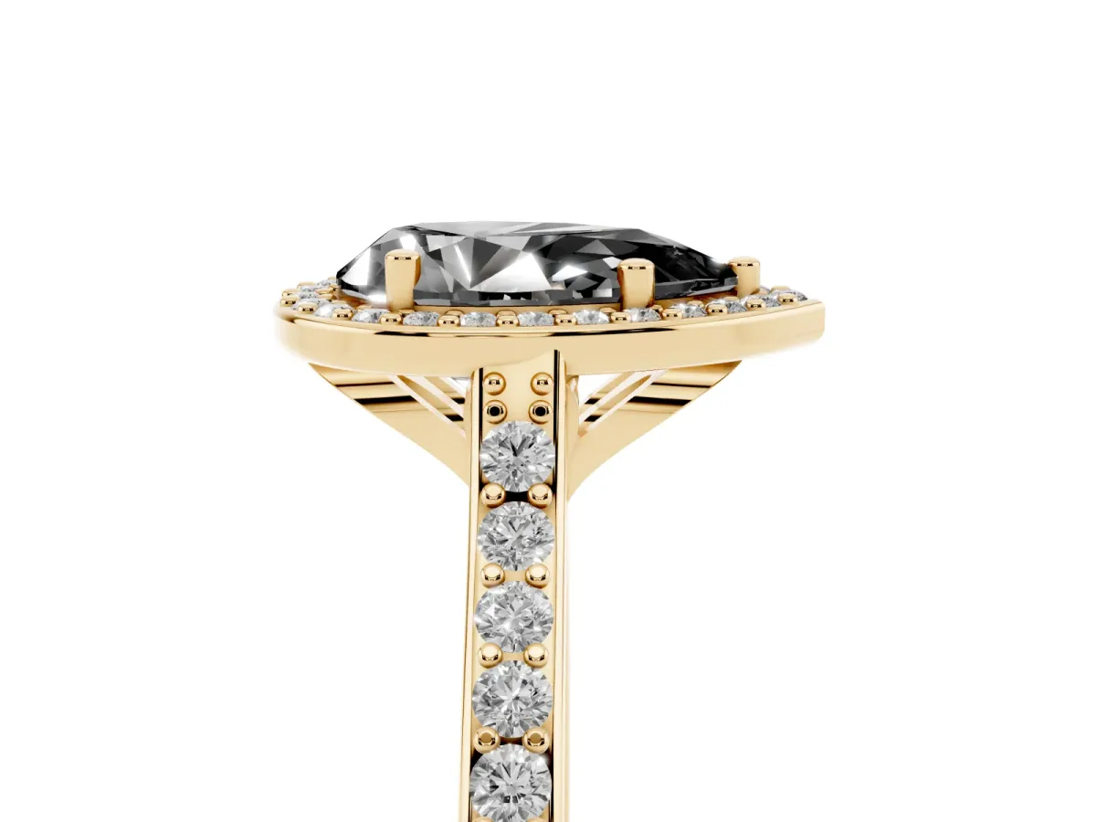 Fancy Black Pear Cut Diamond Halo Engagement Ring with Round Pavé Shoulders and Prong Setting Yellow gold