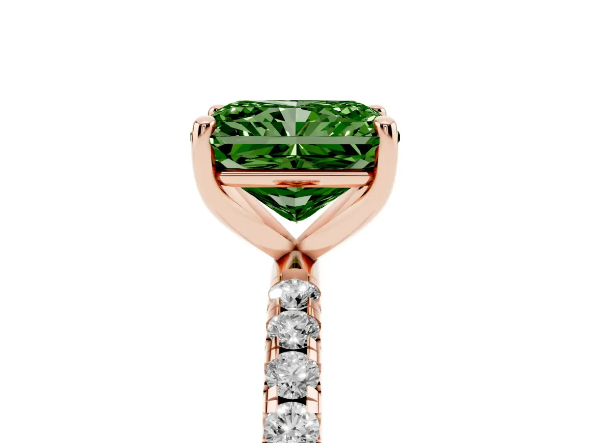 Fancy Green Radiant Cut Cut Diamond Solitaire Ring with Micro Pave Band and Four Prong Setting Rose gold