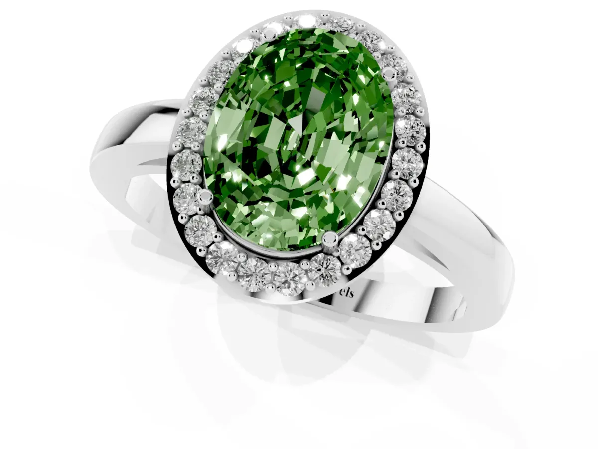 Fancy Green Oval Cut Halo Diamond Ring with Solitaire Band and Prong Setting Silver