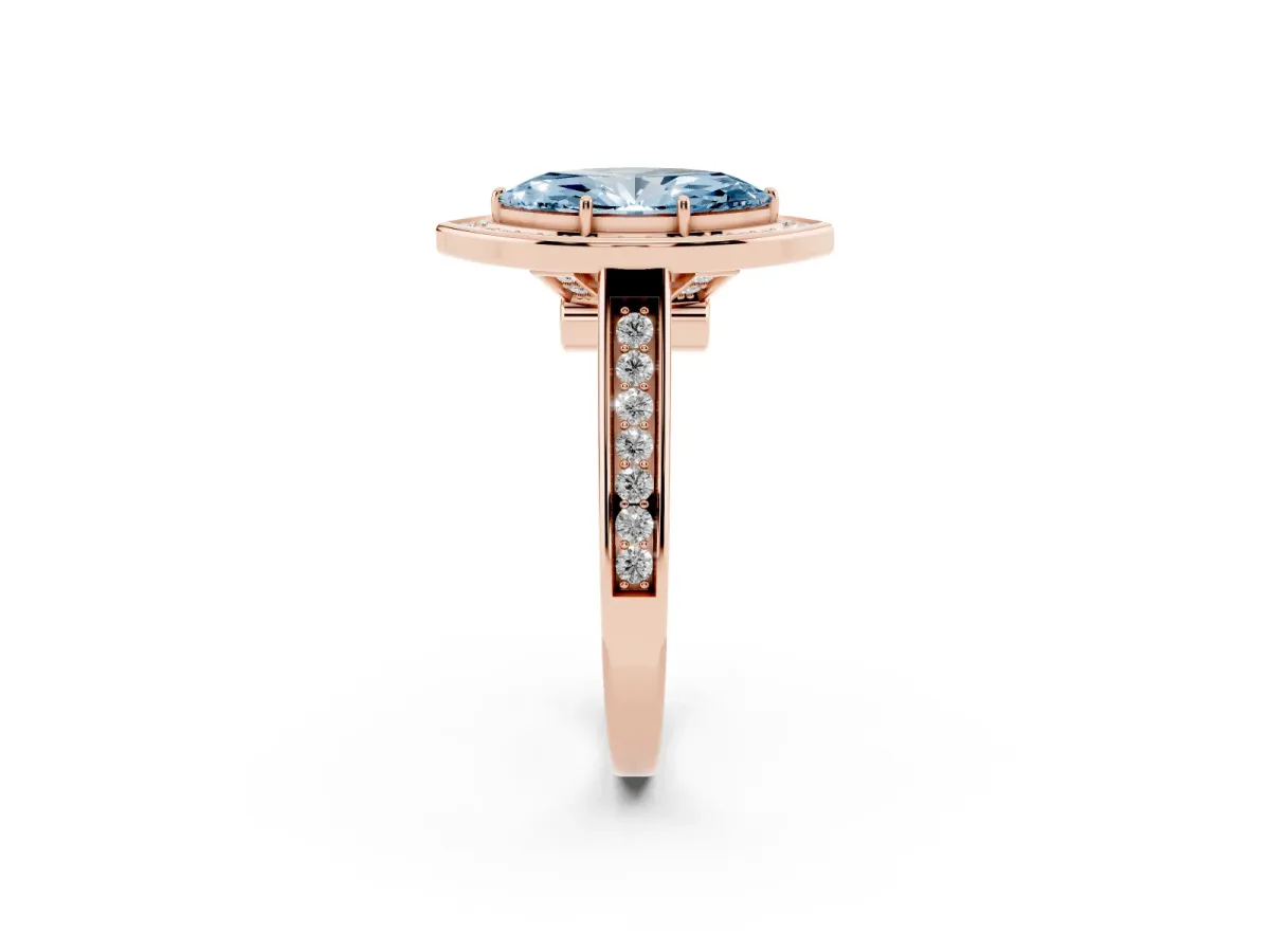 Fancy Blue Marquise Cut Halo Solitaire Diamond Ring with Pave Band and Bezel Setting Rose gold