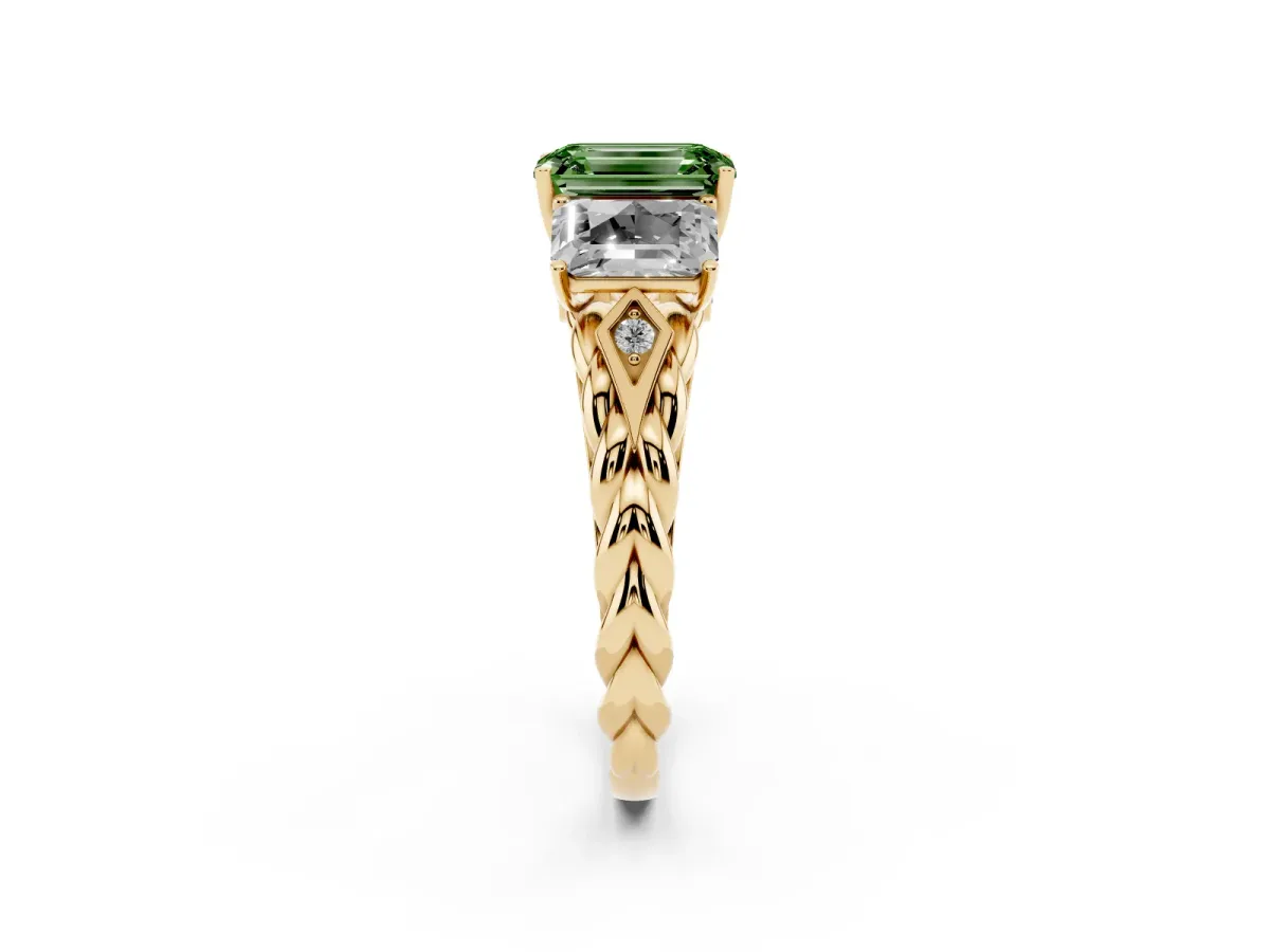 Fancy Green Three-Stone Emerald Cut Diamond Braided Band Ring with Four-Prong Setting Yellow gold
