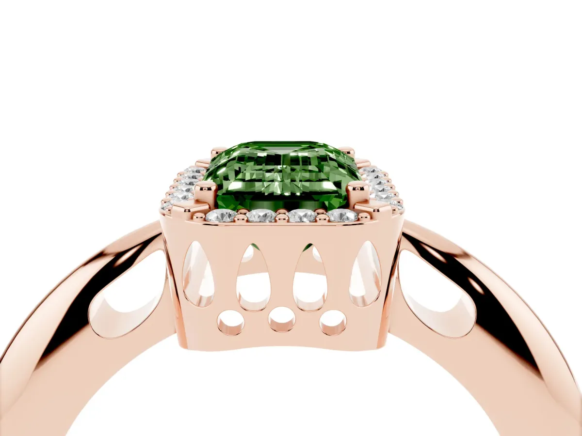 Fancy Green Emerald Cut Cut Diamond Halo Engagement Ring with Split Shank and Four-Prong Setting Rose gold