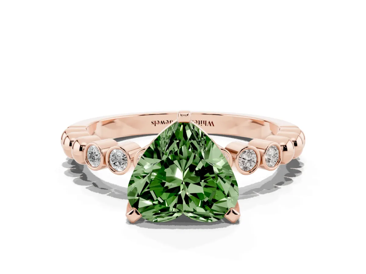 Fancy Green Heart Cut Solitaire Bezel Accent Diamond Engagement Ring with Beaded Band and Four-Prong Setting Rose gold