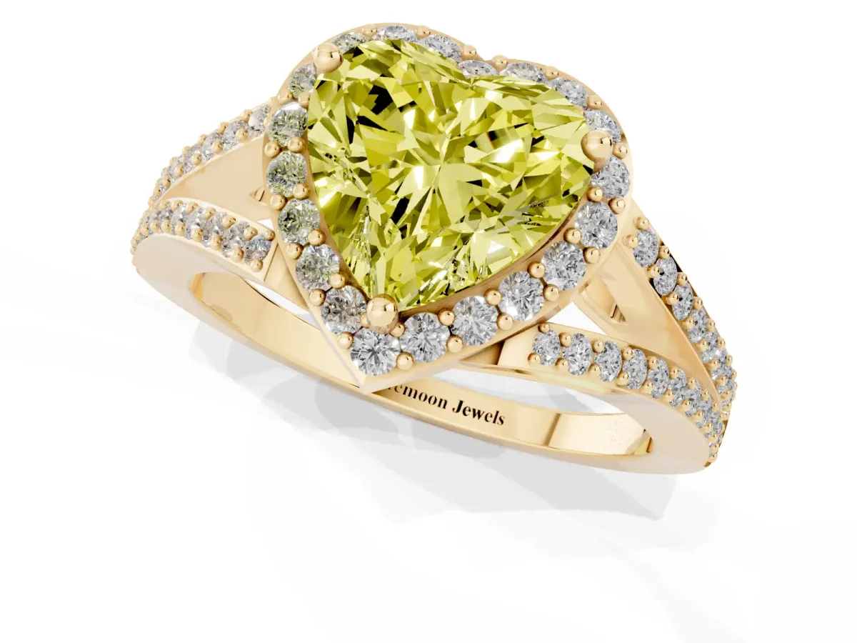 Fancy Yellow Heart Cut Halo Split Shank Pave Diamond Ring with Four-Prong Setting Yellow gold