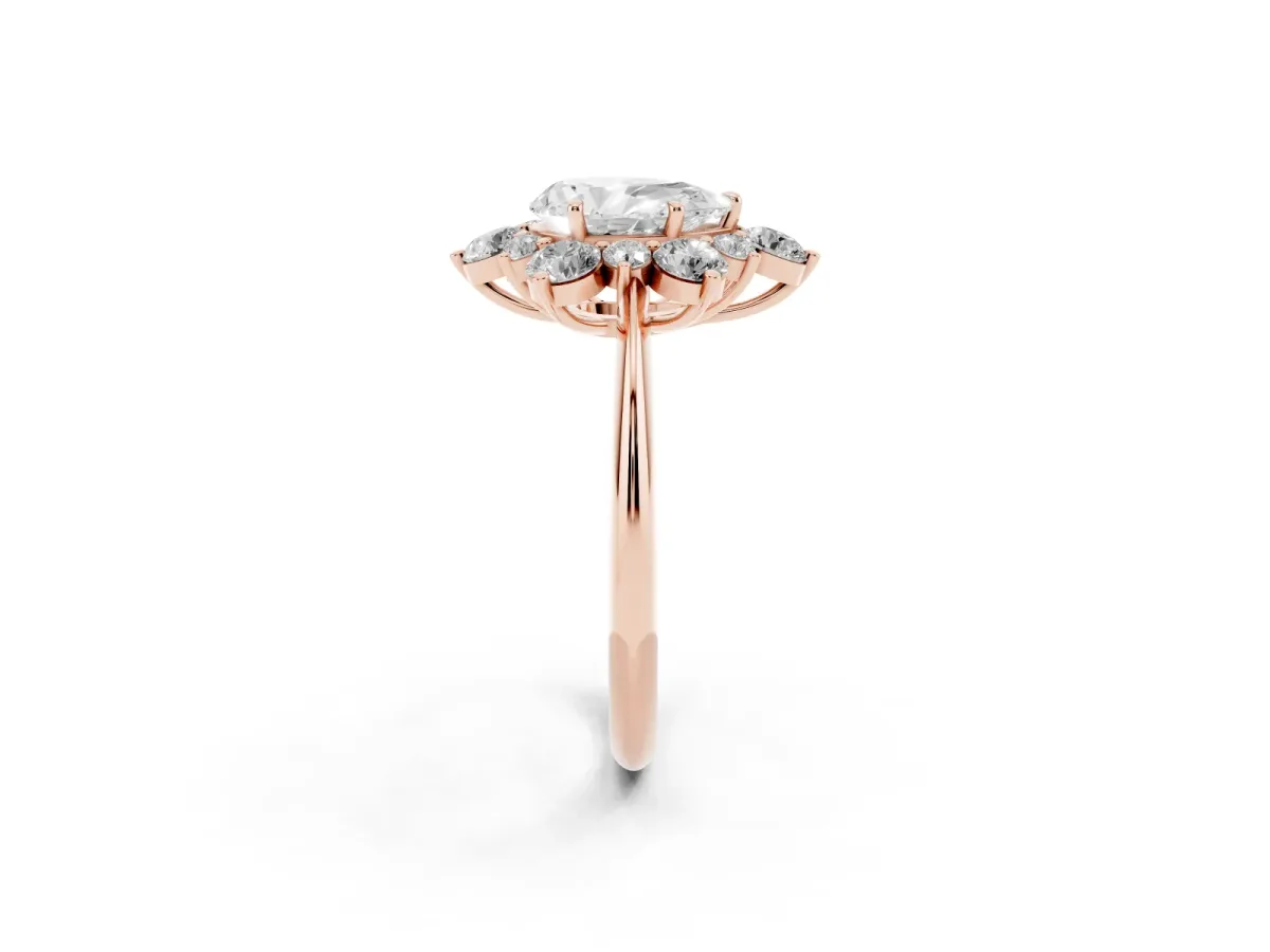 Pear Cut Diamond Cluster Halo Ring with Solitaire Band and Four-Prong Setting Rose gold