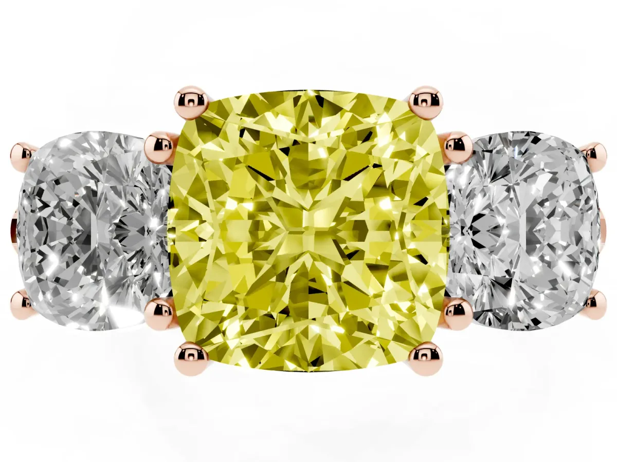 Fancy Yellow Three-Stone Cushion Cut Diamond Ring with Round Pavé Band and Prong Setting Rose gold