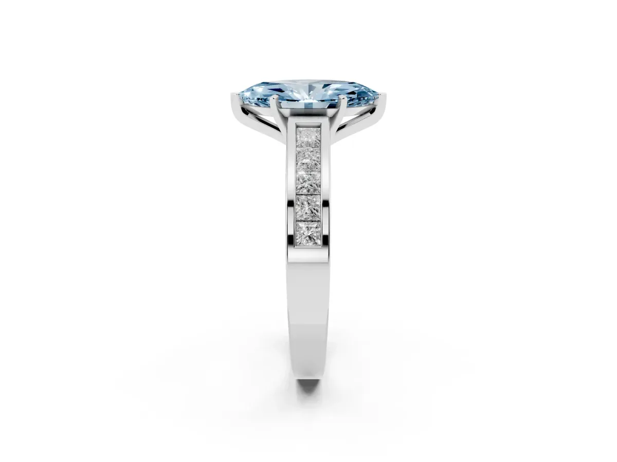 Fancy Blue Marquise Cut Solitaire Diamond Ring with Channel-Set Band and Four-Prong Setting Silver