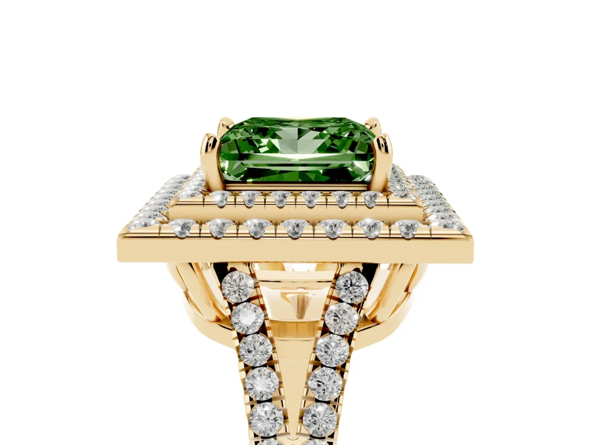 Fancy Green Princess Cut Diamond Double Halo Ring with Pavé Band and Prong Setting Yellow gold