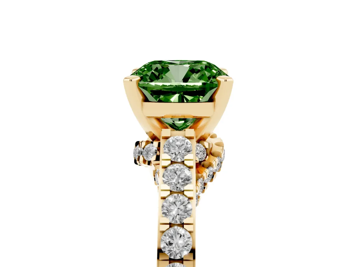 Fancy Green Cushion Cut Diamond Solitaire Ring with Crossover Gallery and Round Pavé Band Yellow gold