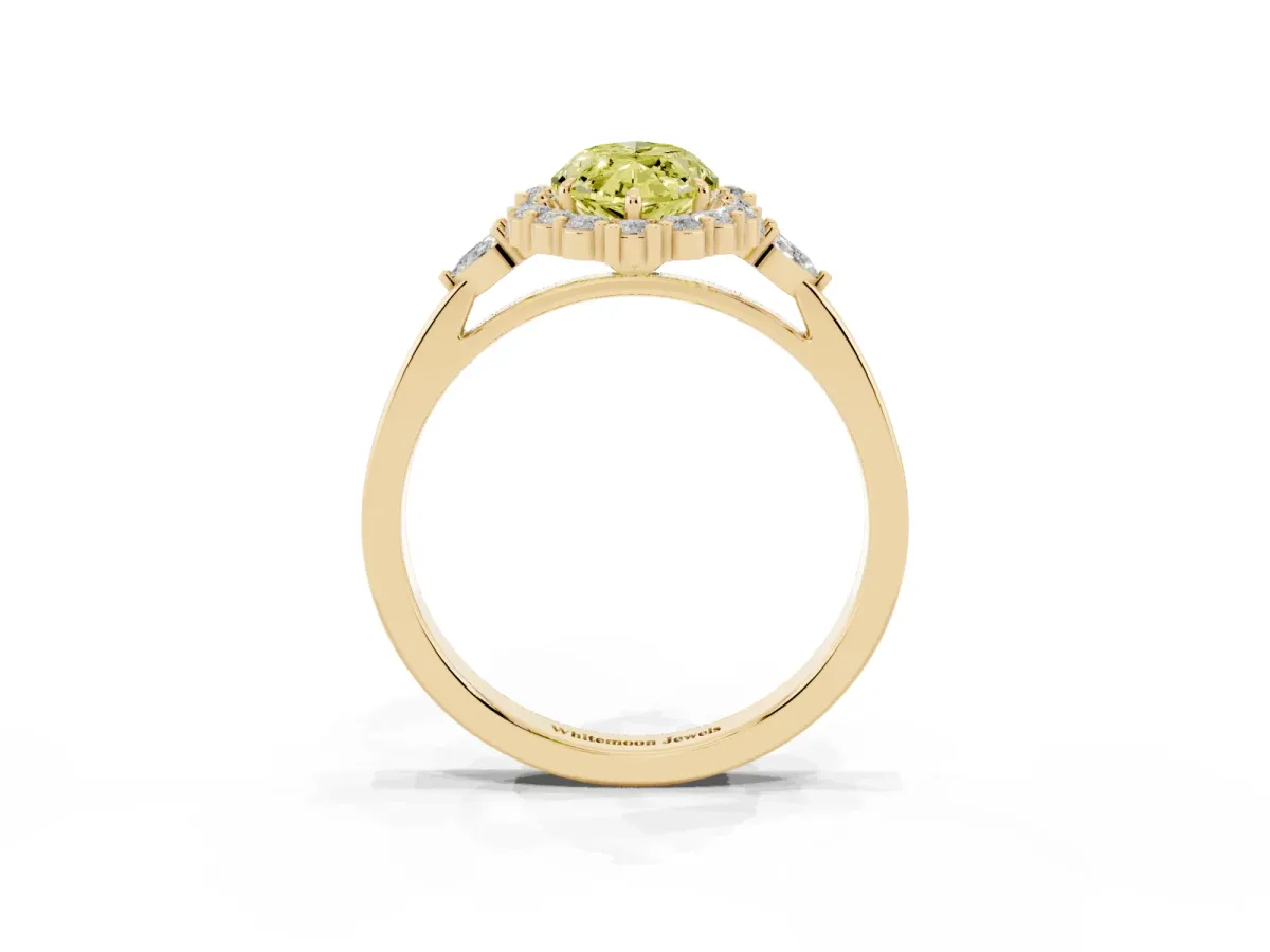 Fancy Yellow Marquise Cut Diamond Halo Ring with Pear Side Stones and Prong Setting Yellow gold