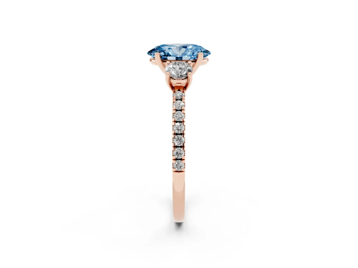 Fancy Blue Three-Stone Oval Cut Cut Diamond Pavé Band with Prong Setting Rose gold