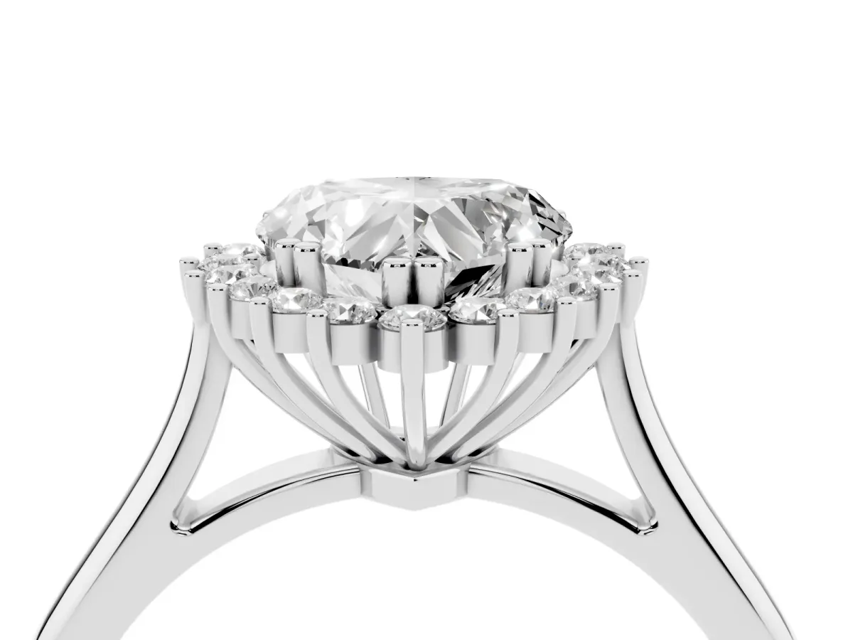 Heart Cut Cut Diamond Halo Ring with Solitaire Band and Prong Setting Silver