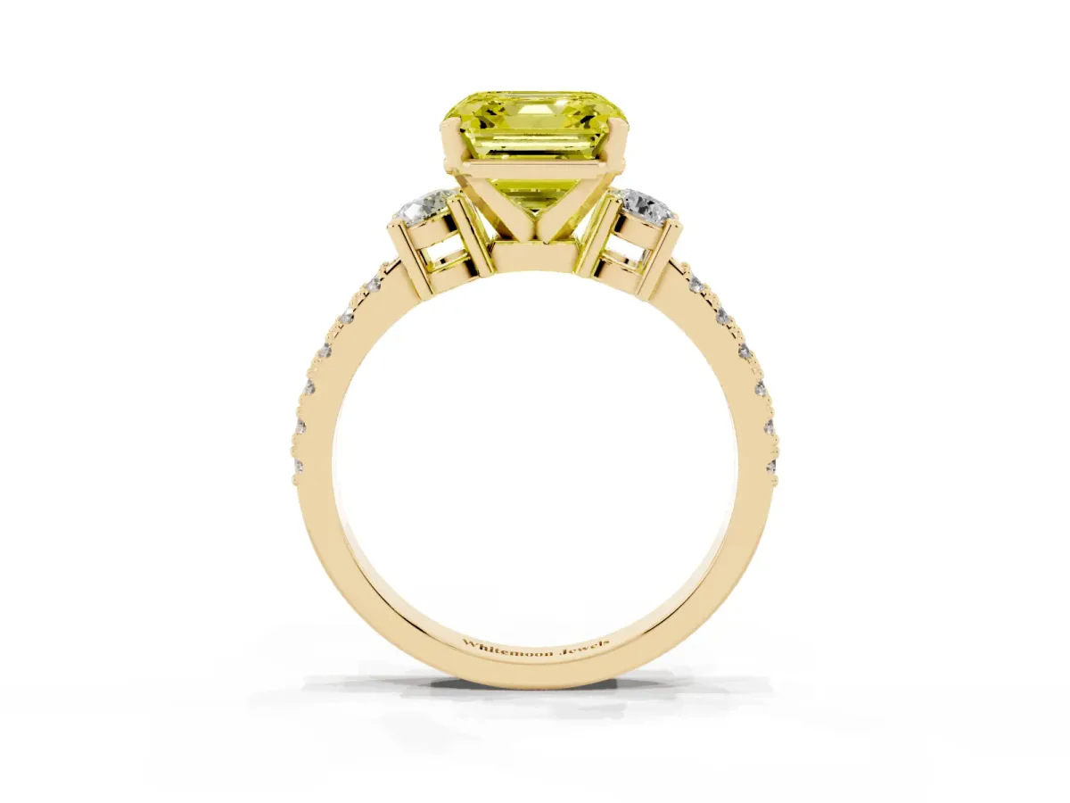 Fancy Yellow Asscher Cut Three-Stone Diamond Pavé Band with Prong Setting Yellow gold