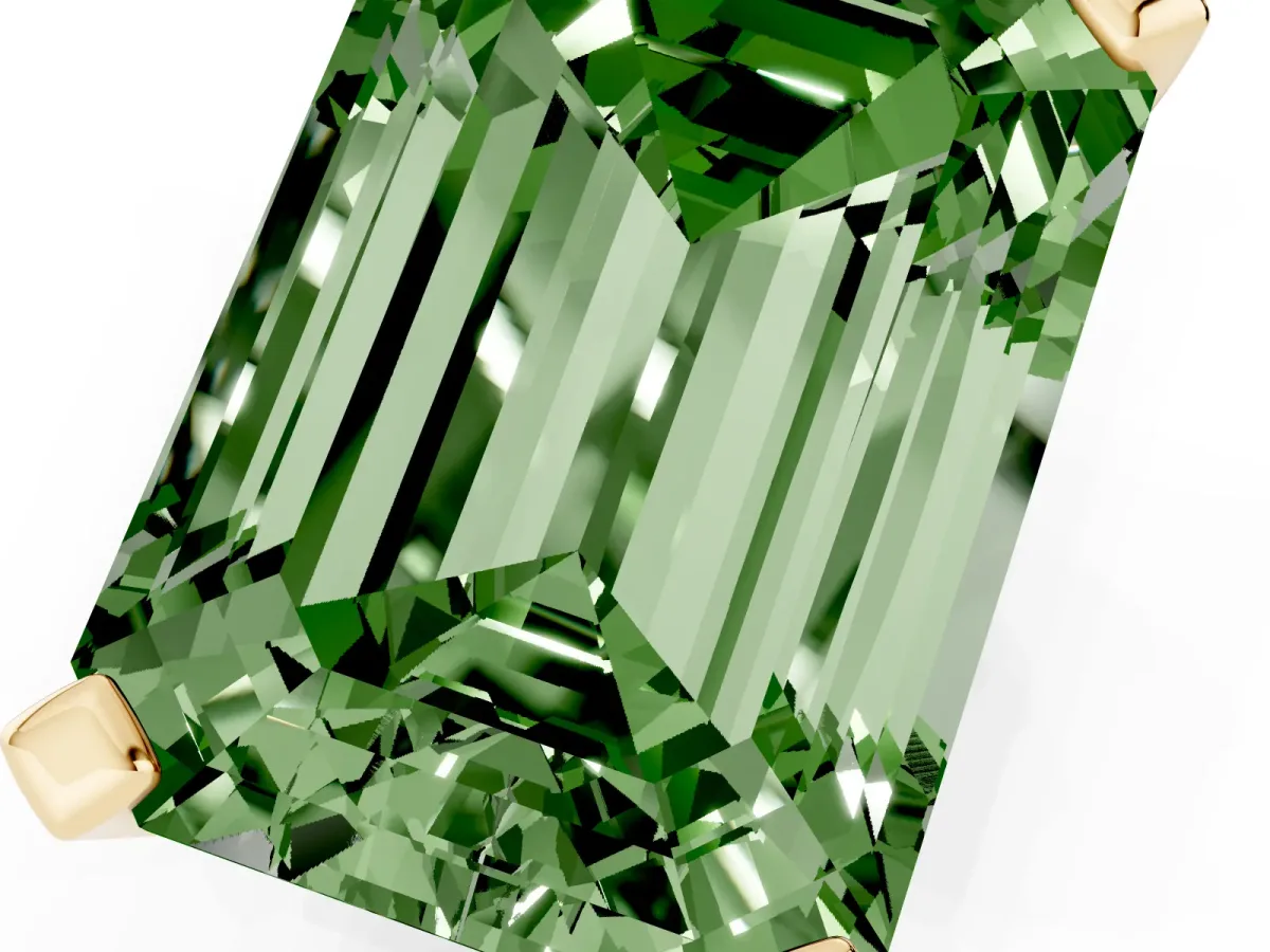 Fancy Green Emerald Cut Diamond Solitaire Ring with Prong Setting and Classic Band Yellow gold