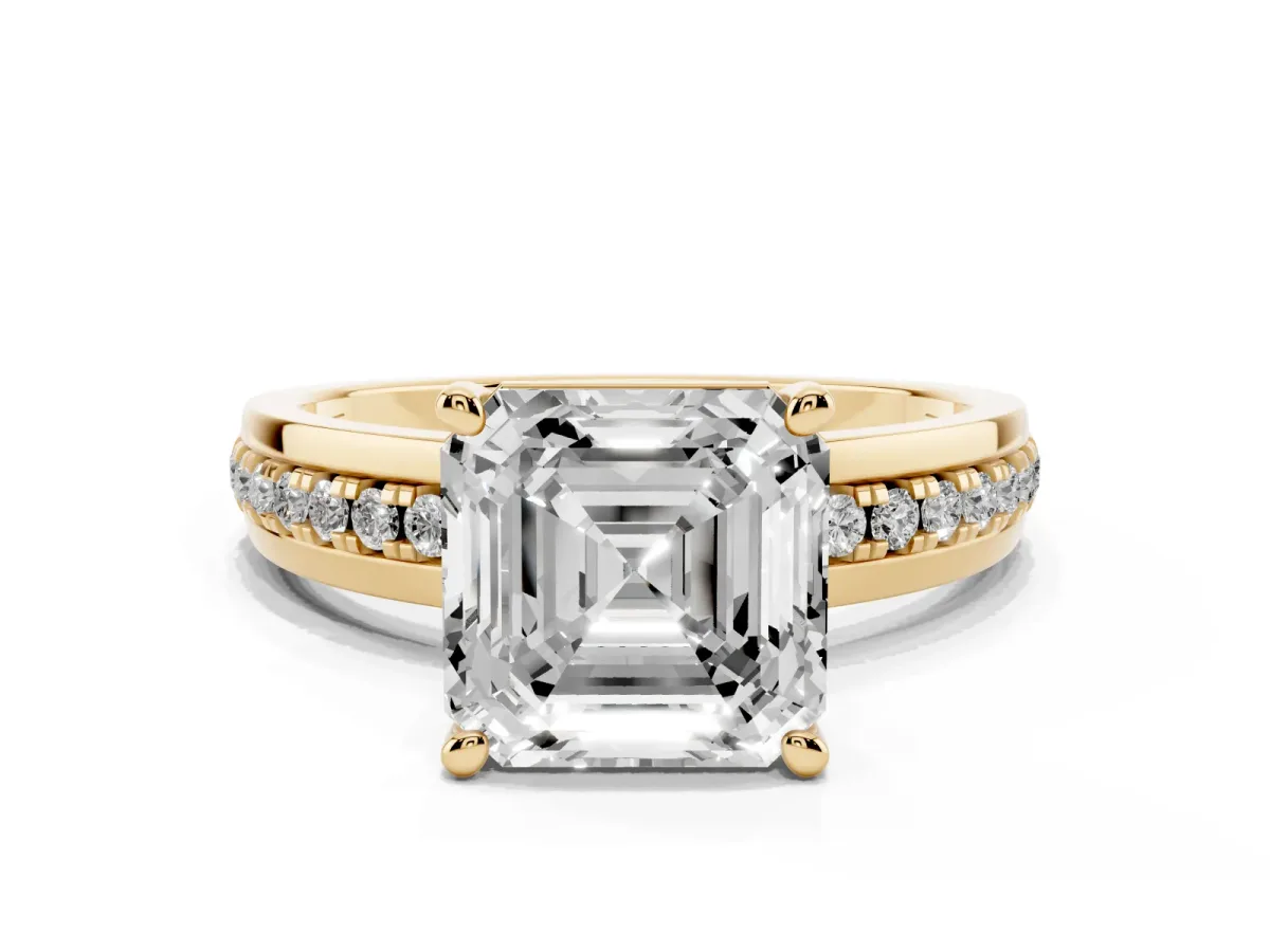 Asscher Cut Solitaire Diamond Ring with Channel Set Band and Six-Prong Setting Yellow gold
