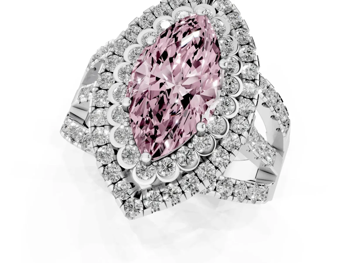 Fancy Pink Marquise Cut Diamond Double Halo Ring with Round Pavé Split Shank and Prong Setting Silver