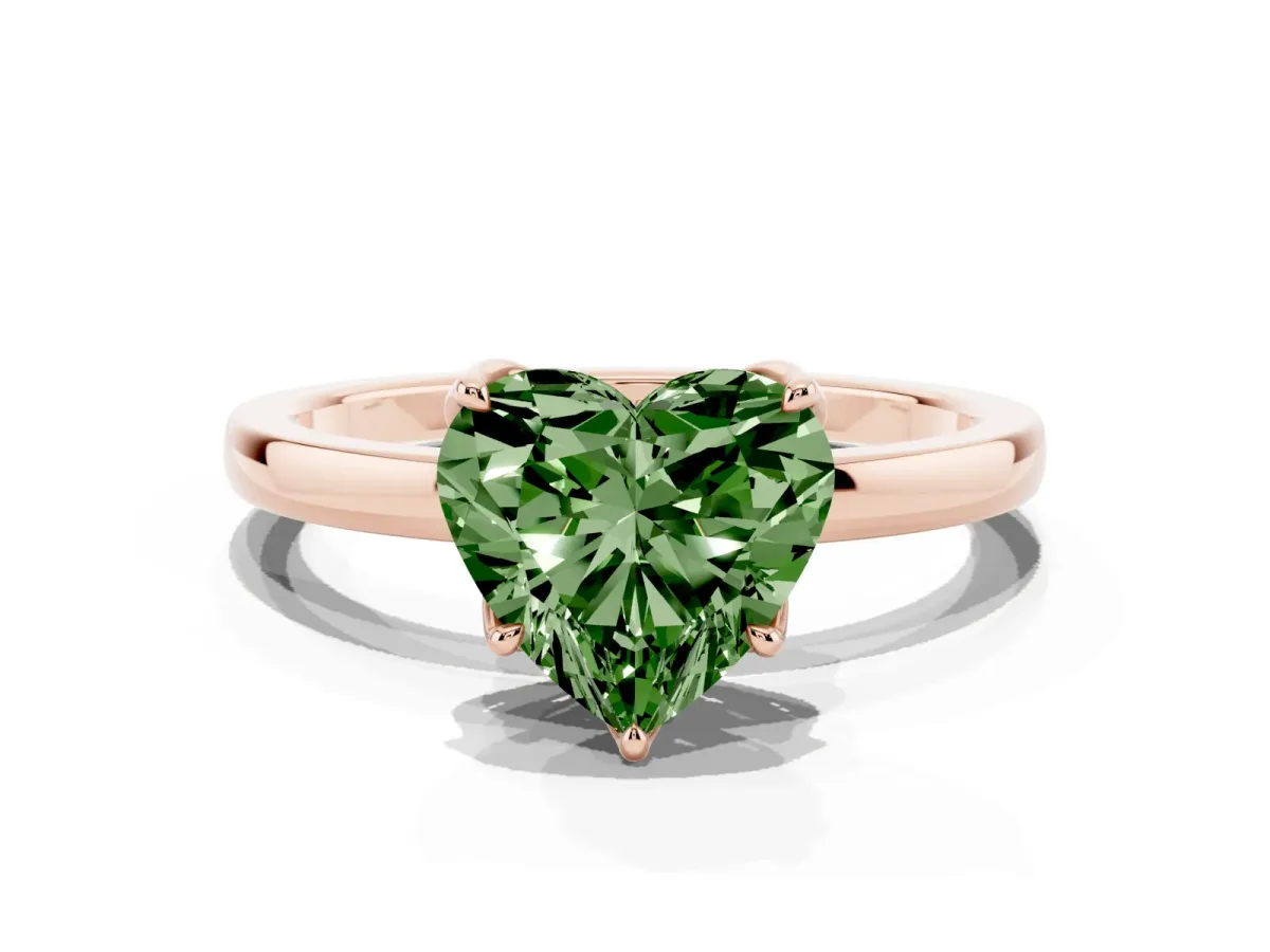 Fancy Green Heart Cut Diamond Solitaire Ring with Thin Band and Prong Setting Rose gold
