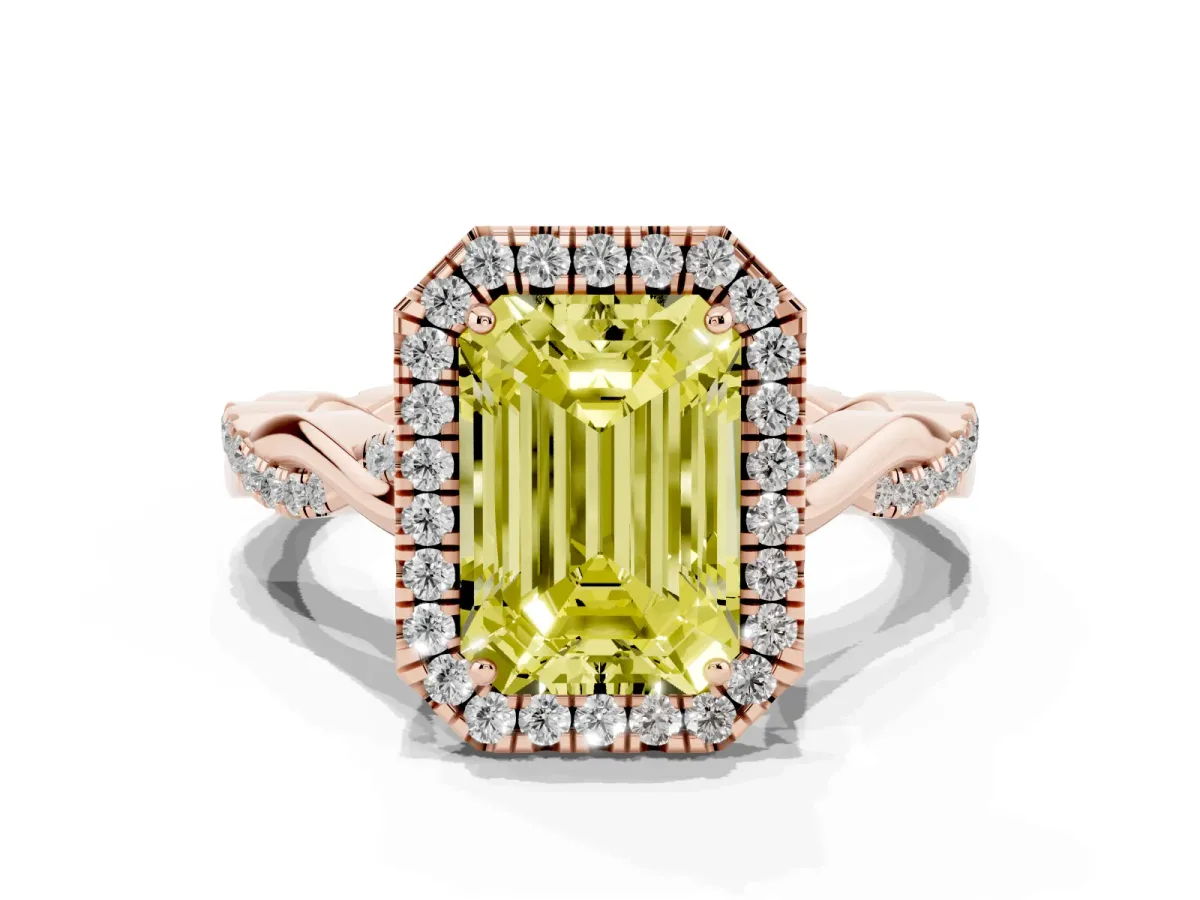 Fancy Yellow Emerald Cut Halo Twist Band Solitaire Ring Rose gold