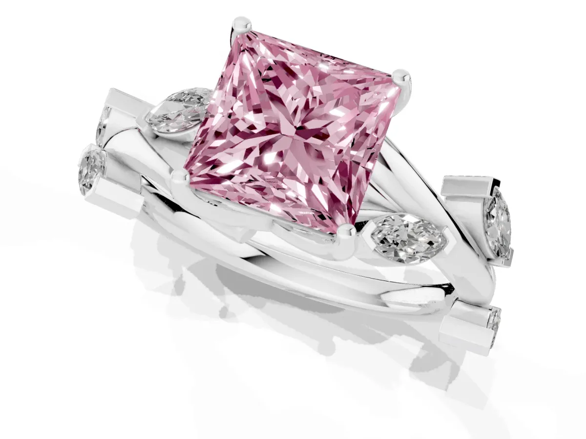 Fancy Pink Princess Cut Solitaire Twisted Band Marquise Accent Prong Setting Ring Silver