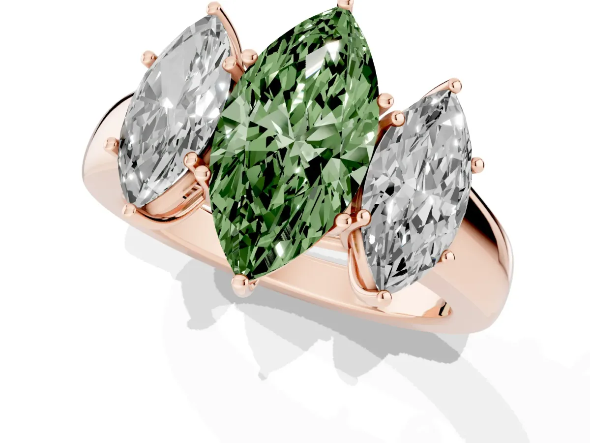 Fancy Green Three-Stone Marquise Cut Cut Diamond Ring with Prong Setting and Classic Band Rose gold