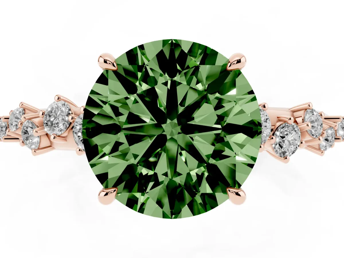 Fancy Green Round Cut Diamond Cluster Side Stone Solitaire Ring with Prong Setting Rose gold
