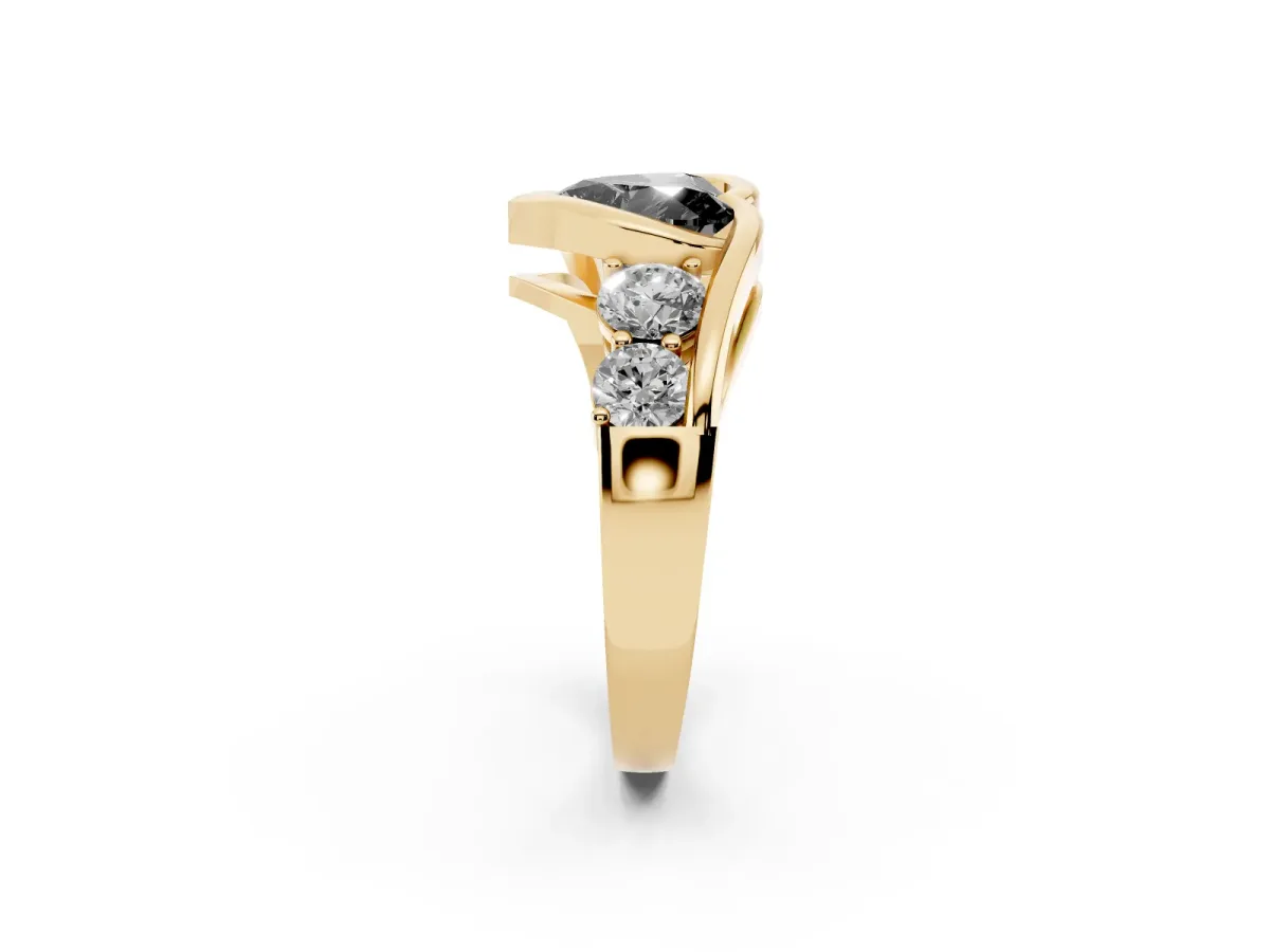 Fancy Black Bezel Set Heart Cut Diamond Bypass Ring with Round Accents Yellow gold