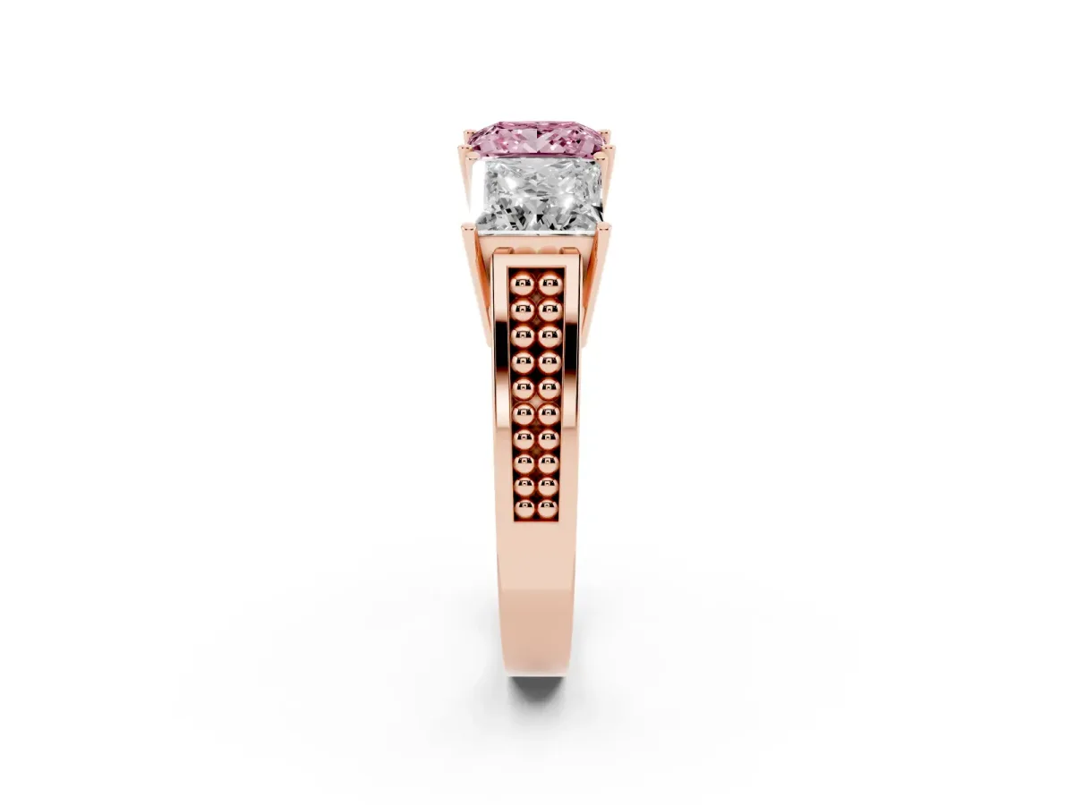 Fancy Pink Princess Cut Diamond Three-Stone Ring with Prong Setting and Textured Band Rose gold