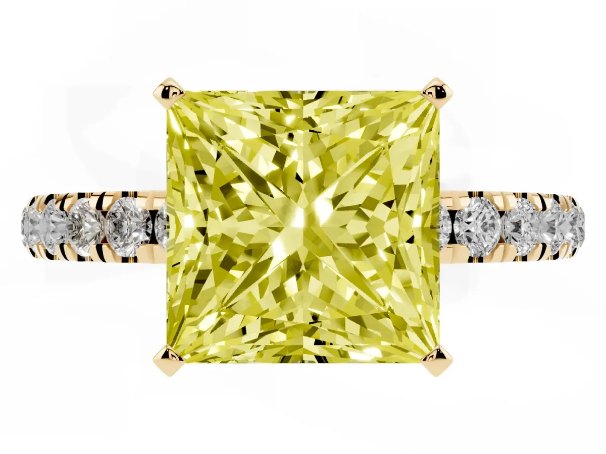 Fancy Yellow Princess Cut Diamond Solitaire Ring with Pavé Accents and Four-Prong Setting Yellow gold