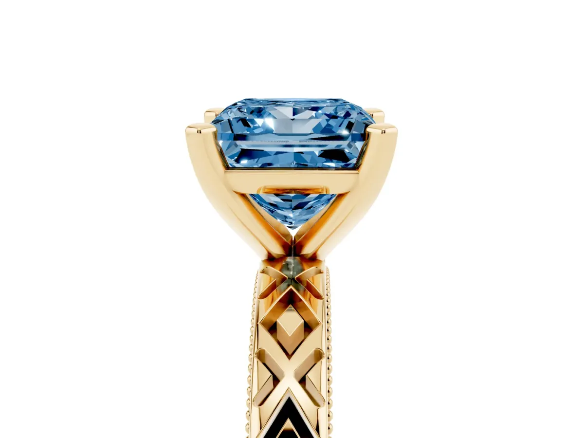 Fancy Blue Princess Cut Solitaire Diamond Ring with Milgrain and Black Enamel X Pattern Band Yellow gold