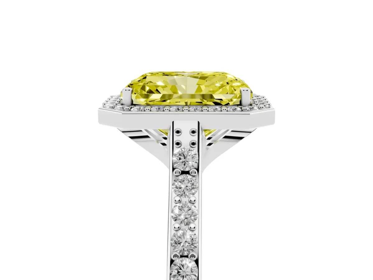 Fancy Yellow Radiant Cut Diamond Halo Engagement Ring with Round Pavé Shoulders and Prong Setting Platinum