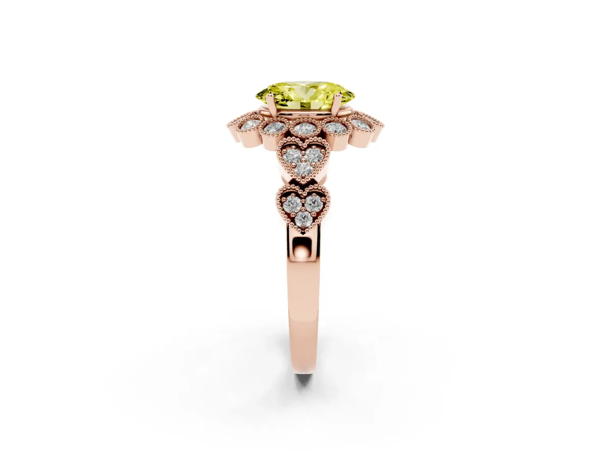 Fancy Yellow Oval Cut Brilliant Milgrain Pave Heart Band Solitaire Ring Rose gold
