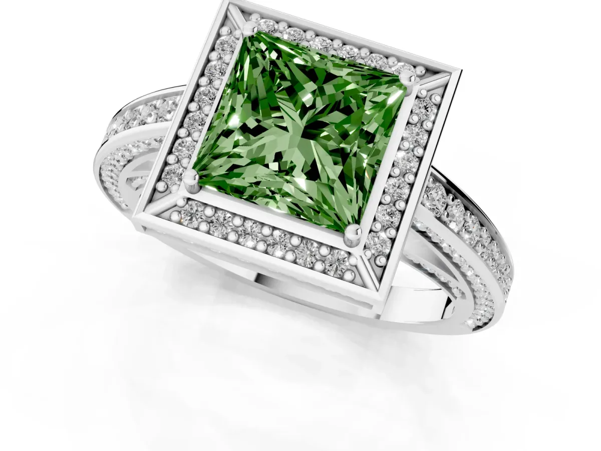 Fancy Green Princess Cut Cut Halo Pave Split Shank Prong Setting Ring Platinum