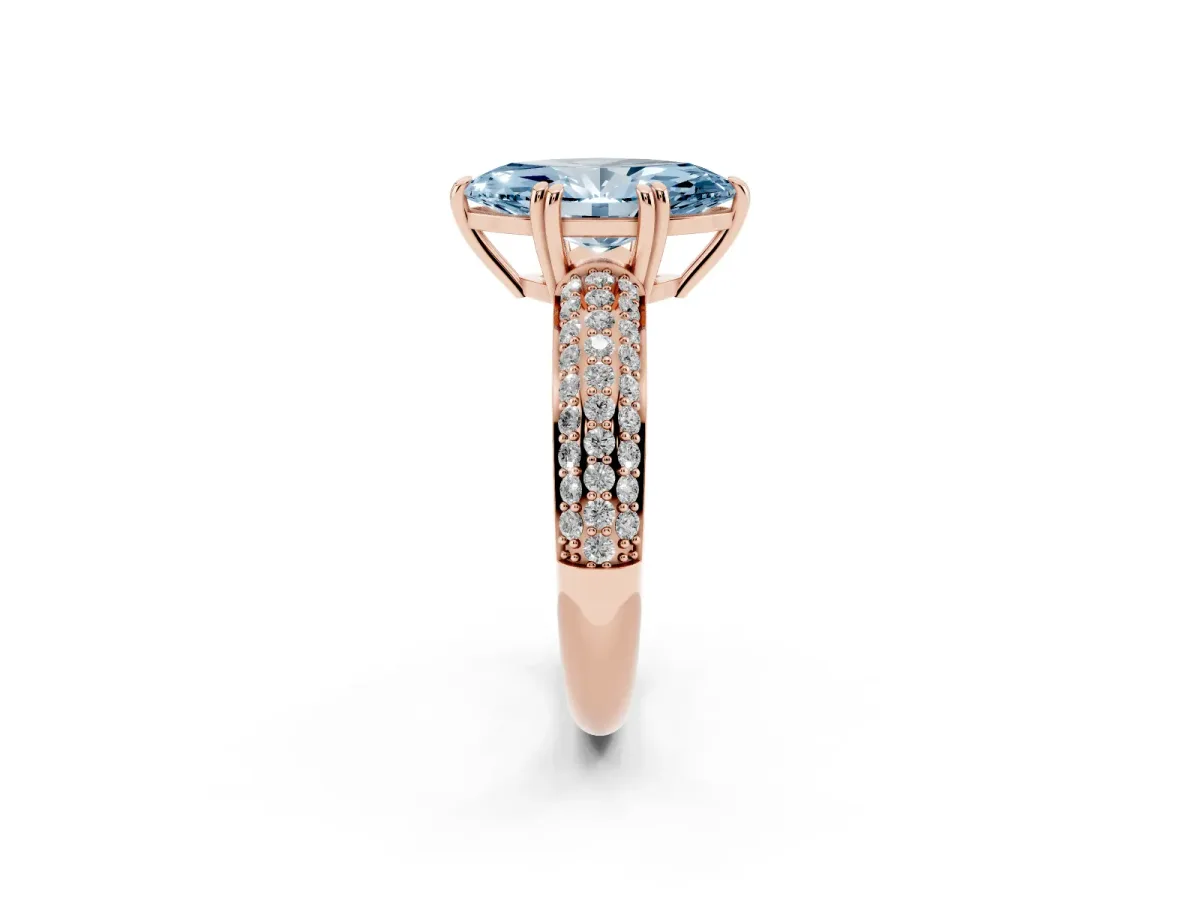 Fancy Blue Marquise Cut Diamond Solitaire Ring with Multi-Row Round Pavé Band and Prong Setting Rose gold