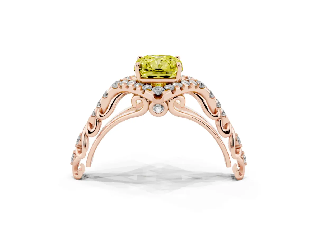 Fancy Yellow Radiant Cut Diamond Solitaire Ring with Hidden Halo and Pavé Band Rose gold