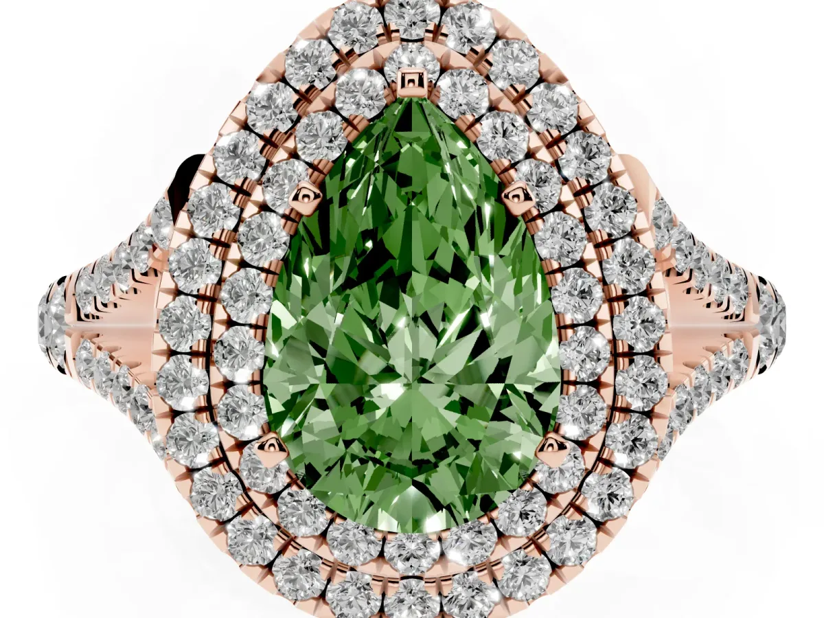 Fancy Green Double Halo Pear Cut Diamond Split Shank Engagement Ring with Four-Prong Setting Rose gold