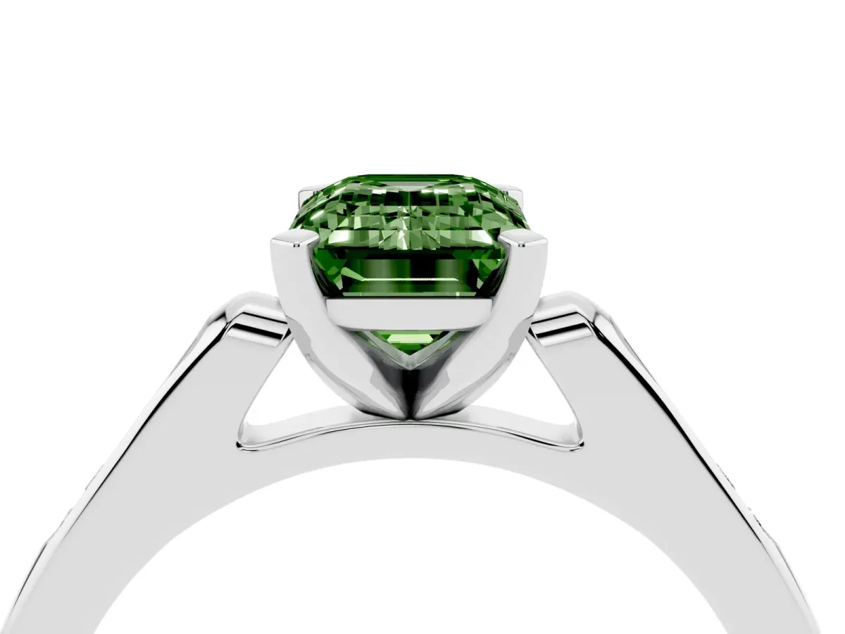 Fancy Green Emerald Cut Diamond Solitaire Ring with Channel Set Round Band and Prong Setting Silver
