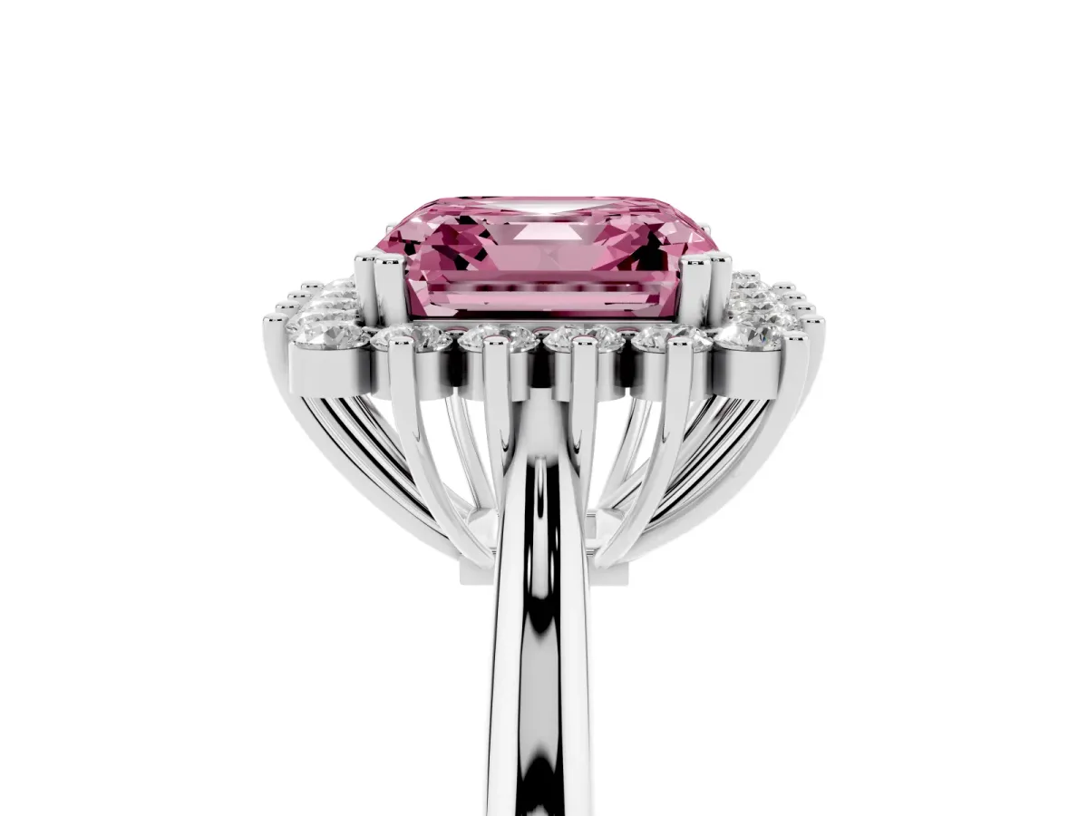 Fancy Pink Asscher Cut Cut Diamond Halo Ring with Solitaire Band and Prong Setting Platinum