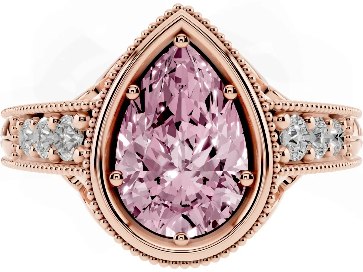 Fancy Pink Bezel Set Pear Cut Diamond Milgrain Pave Engagement Ring Rose gold