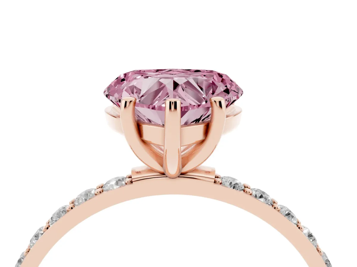 Fancy Pink Heart Cut Diamond Solitaire Ring with Round Pavé Shoulders and Prong Setting Rose gold