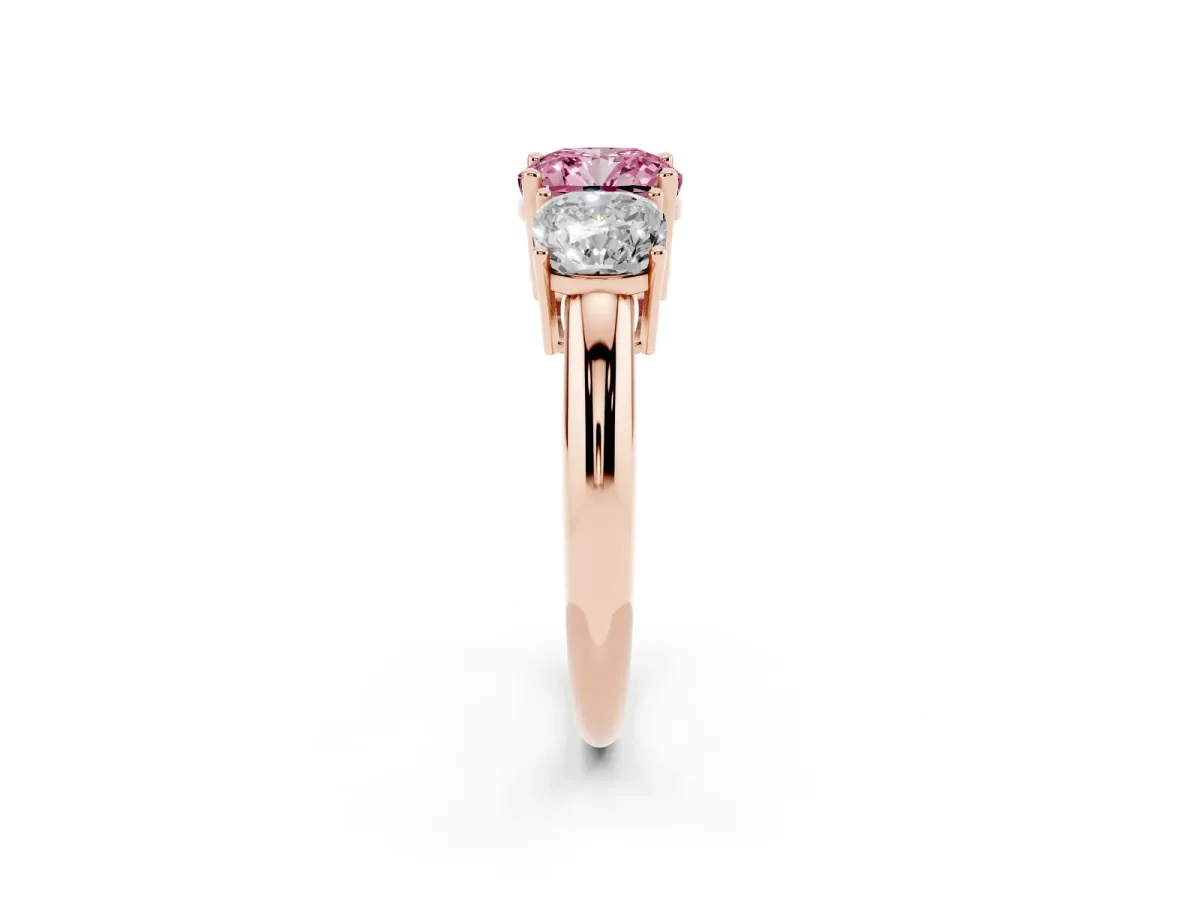 Fancy Pink Three-Stone Cushion Cut Cut Diamond Engagement Ring with Prong Setting on a White Gold Band Rose gold