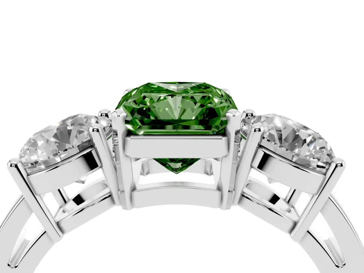 Fancy Green Three-Stone Radiant Cut Diamond Ring with Round Side Stones, Classic Band, and Four-Prong Setting White gold
