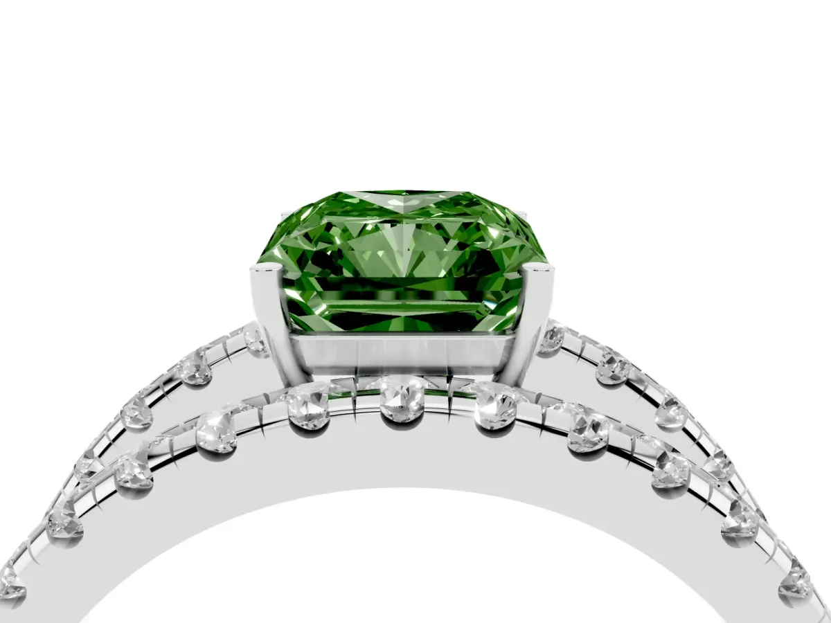 Fancy Green Radiant Cut Solitaire Split Shank Pave Diamond Ring Platinum